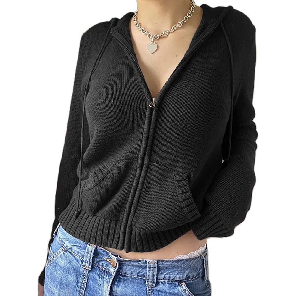 Women Zip Up Crop Hoodie Knitted Vintage Y2K Ribbed Pullover with Pockets